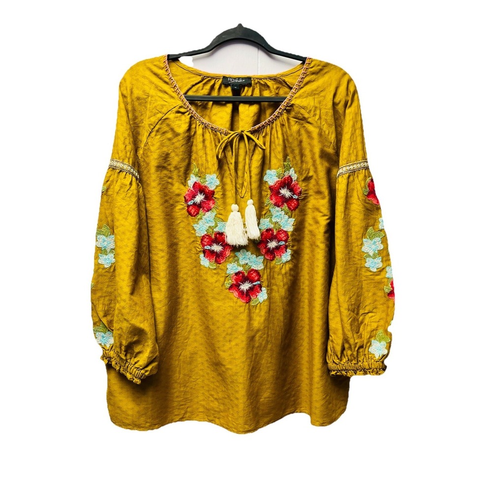 RD+Koko Blouse 1X Mustard Yellow Floral Ren Faire Boho Tassel Peasant Gypsy